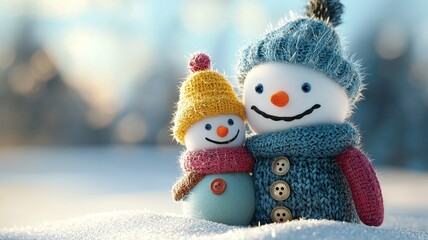 A charming snowman and a small snow-child embrace in a snowy landscape, adorned with colorful knitted hats and scarves, radiating a cozy winter spirit.