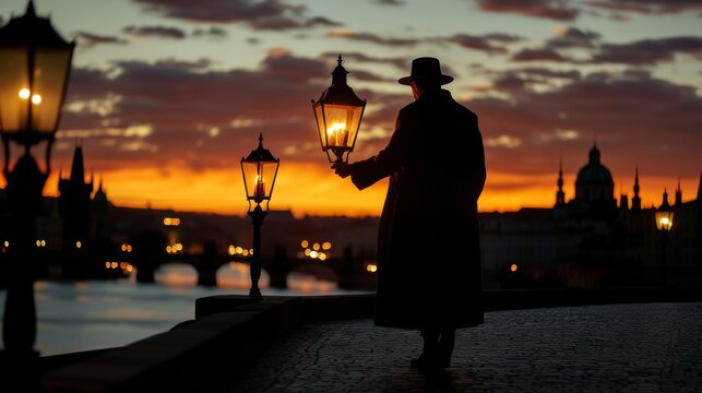 Evening twilight  a lamplighter illuminates lanterns on prague s historic charles bridge