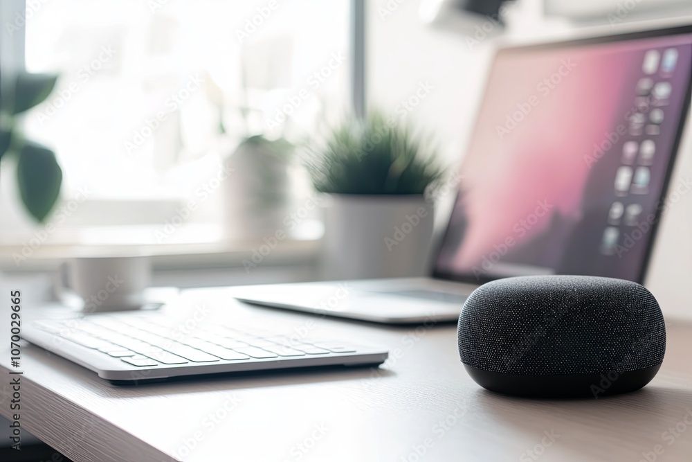 Poster a modern workspace featuring a smart speaker on a desk with a computer, keyboard, and plant during d
