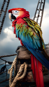 Colorful Pirate Parrot Perched on Ship with Ocean Backdrop  