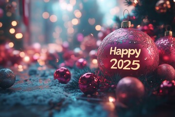 Close up of festive colorful balls on christmas tree. Text on a ball "Happy 2025", christmas tree, fir branches, snow. Bokeh garlands in the background. New Year concept. 2025