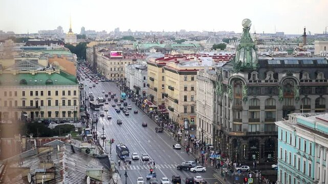 Scenic aerial view of Nevsky prospect with Kazan cathedral, Singer House, the Admiralty and Lakhta Centre in Saint-Petersburg, Russia.