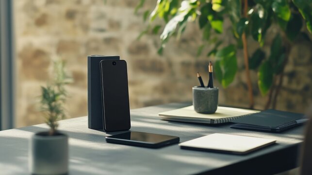 Minimalist Desk Setup with Smartphone and Notebooks