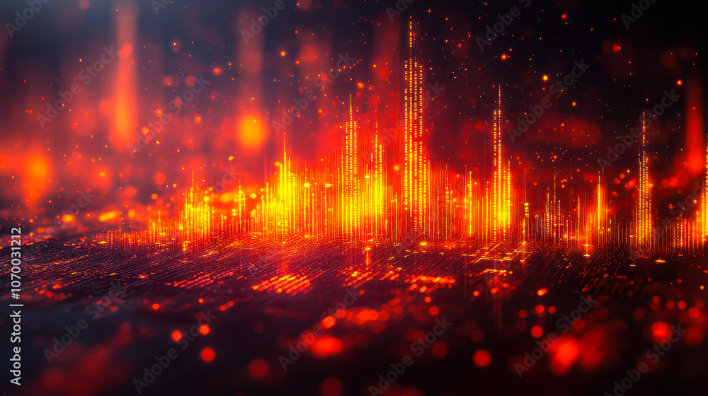 Poster glowing forex chart background with digital data visualization and red orange light effects represen