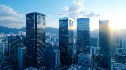 Obraz premium Aerial view of modern skyscrapers in bustling cityscape at sunset