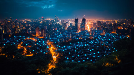 Fototapeta premium Smart City Nightscape with Digital Blue Wavy Wires and Antennas Illuminating Megapolis Skyline Showcasing Big Data Connection Technology Concept