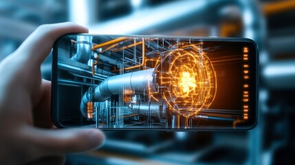 Smartphone displaying industrial machinery with digital overlay