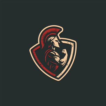illustration of spartan king in armor and helmet in shield logo