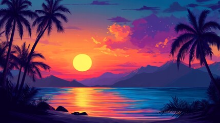 Vibrant tropical sunset over calm ocean with silhouetted palms