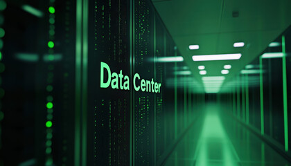 Dimly lit data center hallway with glowing green lights and reflection of server racks, creating a futuristic and technological atmosphere.