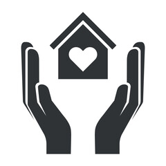 Icon representing a shelter for those in need, showcasing hands protecting a home symbolized by a heart, conveying care and support