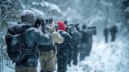 A group of photographers photograph wildlife in a snowy forest, receiving advice from experts in a winter photography workshop.