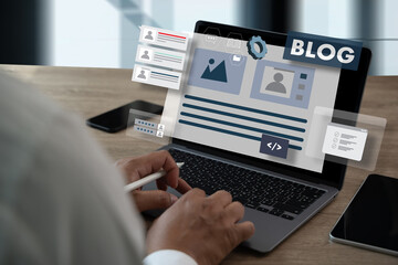 man use laptop computer Content marketing blog Content marketing blog or social media.