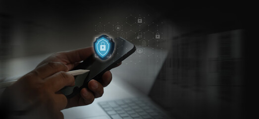 data security businessman using online computer password privacy data security on display at office