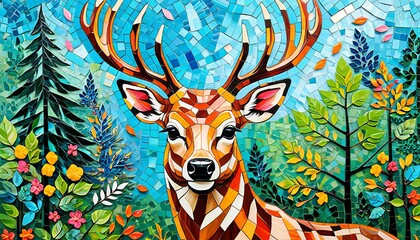 Colorful mosaic deer in vibrant woodland setting with geometric nature design