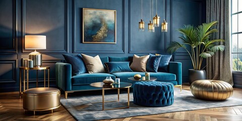 Contemporary Living Room with Glamorous Blue Velvet Sofa and Trendy Home Accessories in a Stylish Interior Design Setting