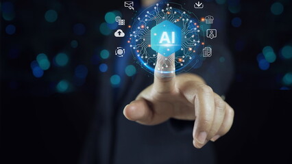 Ai artificial intelligence concept. man using smart robot technology on hand. Show future technology for entering command to create something. To help and improve work efficiency