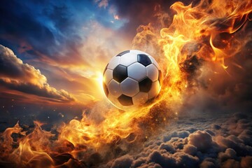 Fototapeta premium Fiery Soccer Ball in Flames with Dramatic Smoke and Sky Backdrop - Sports Art, Dynamic Action, Burning Energy, Vibrant Colors, Intense Atmosphere