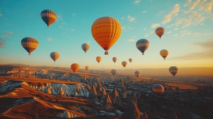 Fototapeta premium A view of dozens of hot air balloons rising together, creating a beautiful and impressive scene in the clear blue sky