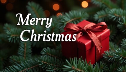 Festive Christmas greeting card with a red gift box and ribbon nestled in green pine branches.