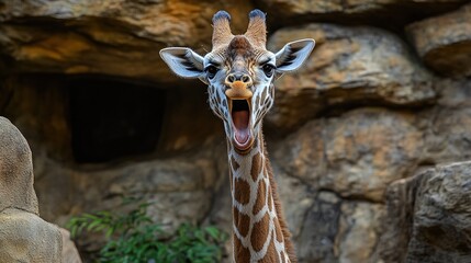 A giraffe with its mouth open wide, looking directly at the camera, in front of a rock background.