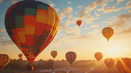 Obraz premium Close-up of colorful hot air balloons soaring in the morning, amid sunlight shining through the fog at a December festival