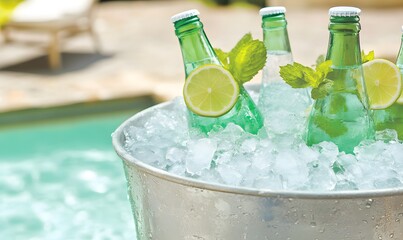 Obraz premium Create a refreshing beverage display with a bucket of ice and bottles, Generative AI 