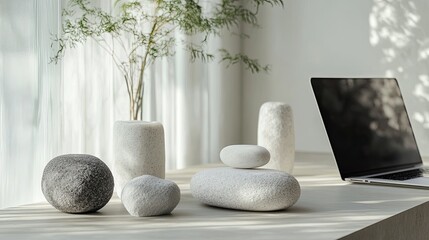 Minimalist office table with meditation objects with different patterns, different materials, from rough to shiny, ivory color