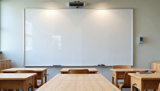 Modern classroom with whiteboard and wooden desks, ready for instructional activities
