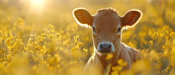 Calf in Flower Field at Golden Hour