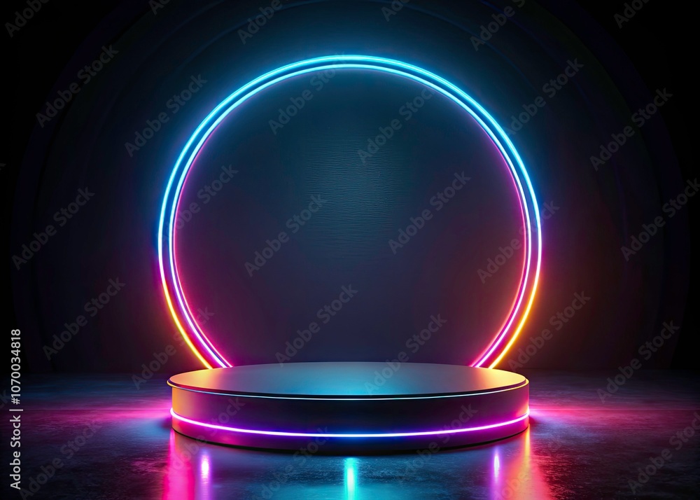 Poster futuristic neon circle on minimalist platform with dark background for modern design concepts, long 
