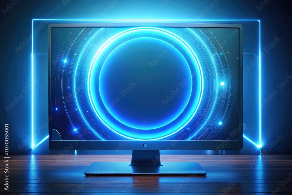 Poster glowing blue circle on computer screen - futuristic technology concept