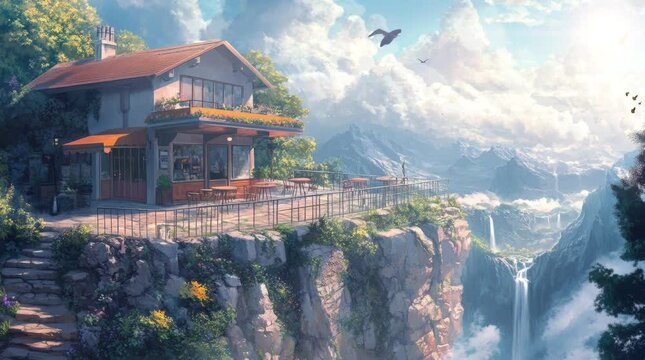 landscape coffee shop on a hill with a very beautiful view of a waterfall and a sky full of clouds. Seamless looping time-lapse virtual 4k video animation background