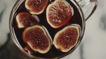 A Glass Mug Filled with Red Wine and Slices of Figs