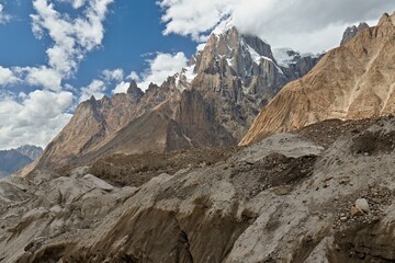 View of Trango Towers and Baltoro Glacier from Khorbutse Camp. Trekking from Paju Camp to Urdokas Camp. Karakoram Mountains. Gilgit-Baltistan region. Pakistan. Asia.