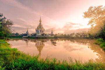 Fototapeta premium The background of an important tourist attraction in Khon Kaen Province (Wat Thung Setthi) is a large pagoda in the middle of a swamp, tourists always come to see the beauty in Thailand