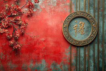 Naklejka premium Red and Green Wall with Golden Circular Plaque and Branch of Red Flowers