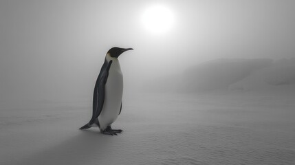 Obraz premium A lone emperor penguin stands on a snowy landscape with the sun shining through the fog.