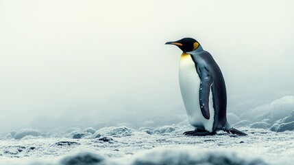 Obraz premium A single king penguin stands on a rocky shore in the fog.