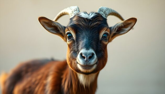 Pygmy goat portrait showcasing playful expression and soft brown coat
