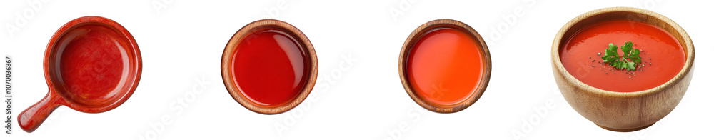 Poster the top view of a tomato soup in a wooden bowl is isolated on a transparent background