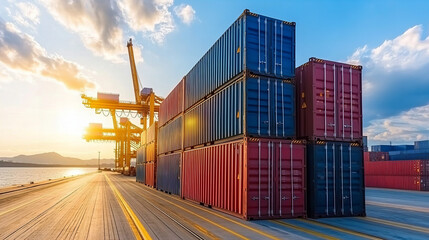 Fototapeta premium Shipping containers stacked at freight station during sunset