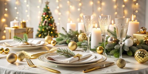 Elegant Christmas Table Setting with Golden Cutlery on a White Linen Tablecloth, Perfect for Holiday Gatherings and Festive Dinners, Showcasing a Luxurious Seasonal Atmosphere