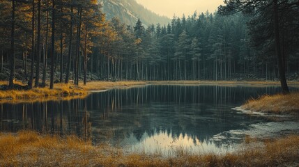 Fototapeta premium A serene lake nestled in a dense pine forest, reflecting the surrounding trees.