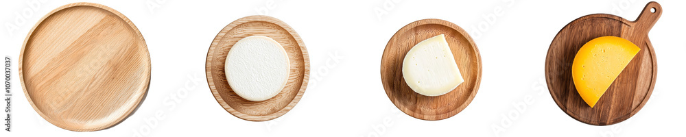 Poster top view of round whole cheese on cutting board on transparent background