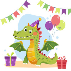 Postcard with cute little dragon in festive surroundings. Balloons, flags, gifts. Children's colorful character. Happy birthday. Vector illustration