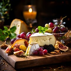 an elegant cheese dish plate with a beautiful buffet closeup