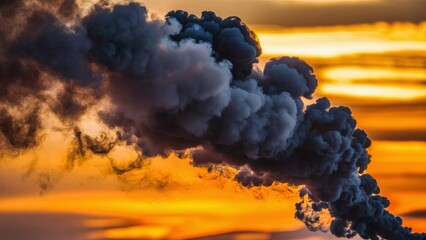 Dark smoke rising against sunset mountain backdrop