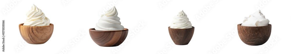 Poster sour cream bowl on white background with wood grain