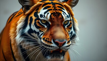 Naklejka premium Close-up of Bengal Tiger with striking orange and black stripes and focused gaze